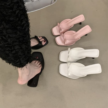 Kitten Heel Square Toe Slide Sandals