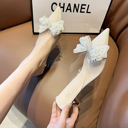 Spool Heel Beaded Bow Transparent Sandals