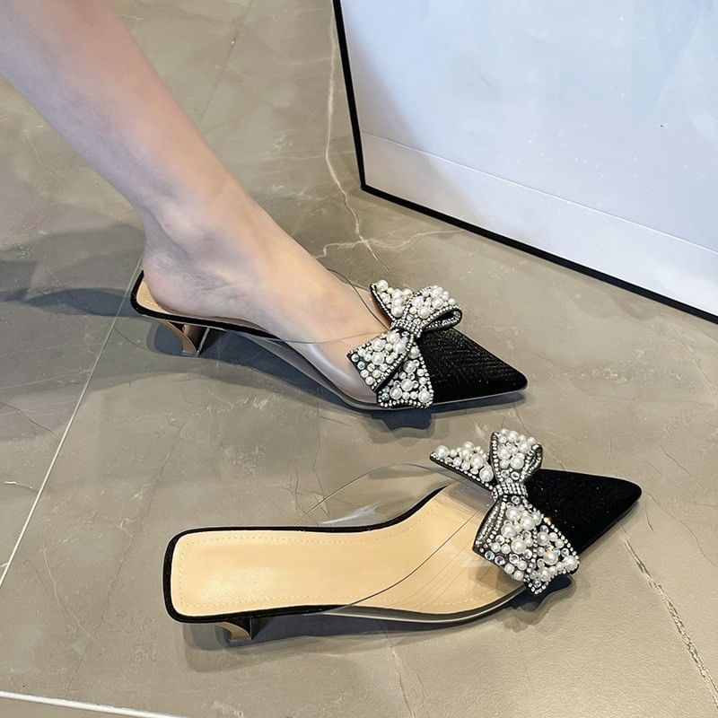 Spool Heel Beaded Bow Transparent Sandals