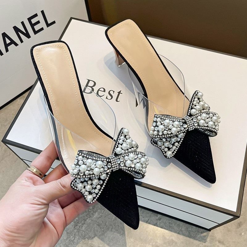 Spool Heel Beaded Bow Transparent Sandals