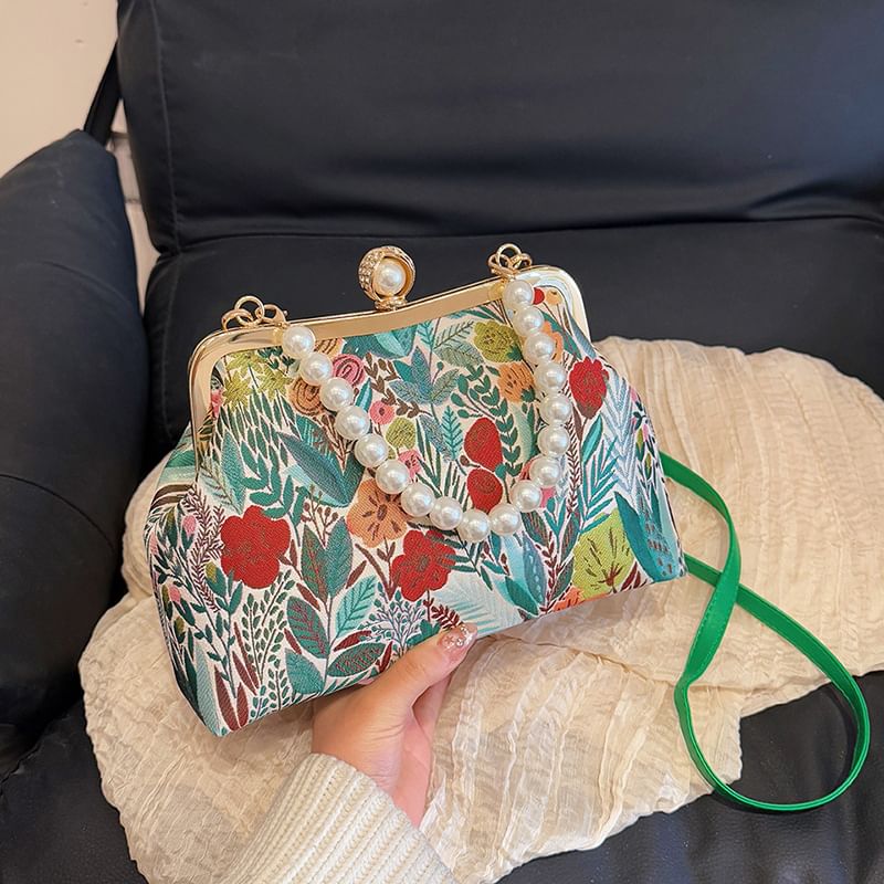 Sample Faux Pearl Strap Floral Jacquard Crossbody Bag