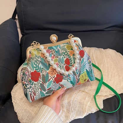 Sample Faux Pearl Strap Floral Jacquard Crossbody Bag