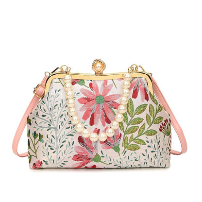 Sample Faux Pearl Strap Floral Jacquard Crossbody Bag