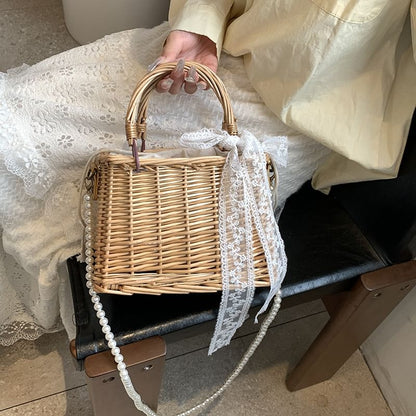 Sample Set: Faux Pearl Strap Drawstring Straw Crossbody Bag + Scarf