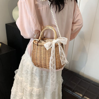 Sample Set: Faux Pearl Strap Drawstring Straw Crossbody Bag + Scarf