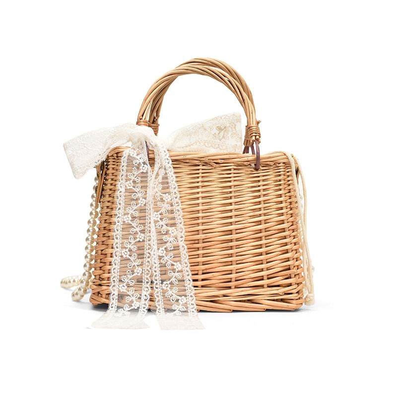 Sample Set: Faux Pearl Strap Drawstring Straw Crossbody Bag + Scarf