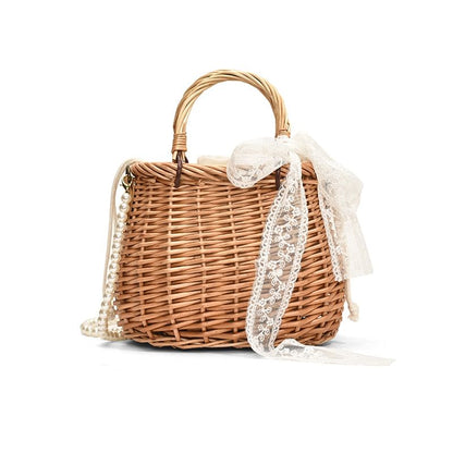 Sample Set: Faux Pearl Strap Drawstring Straw Crossbody Bag + Scarf