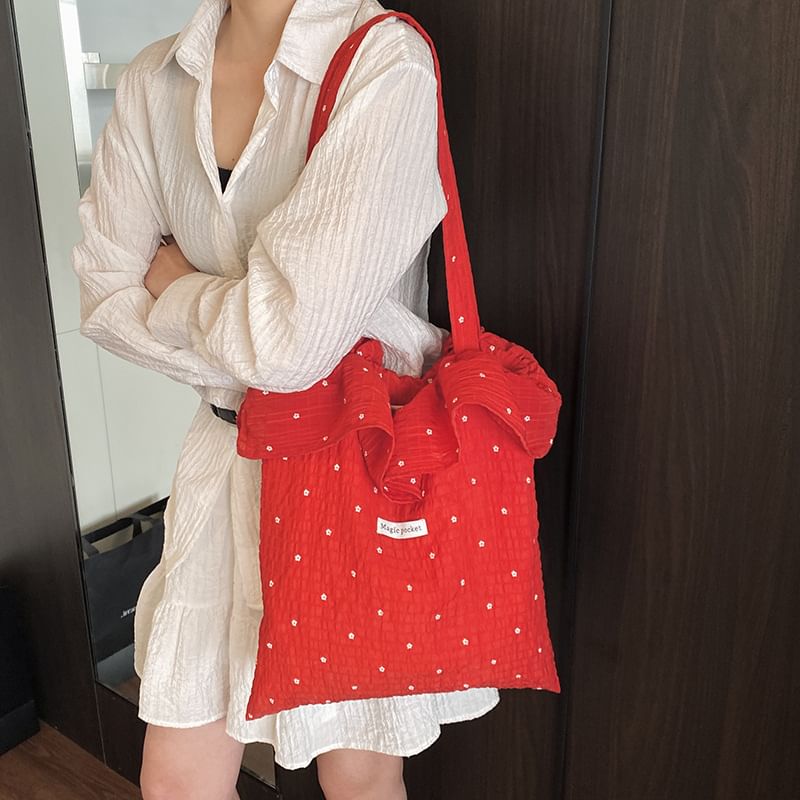 Sample Floral Embroidered Ruffle Trim Tote Bag