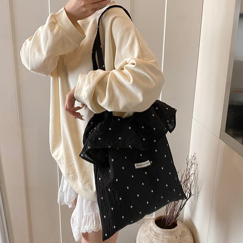 Sample Floral Embroidered Ruffle Trim Tote Bag