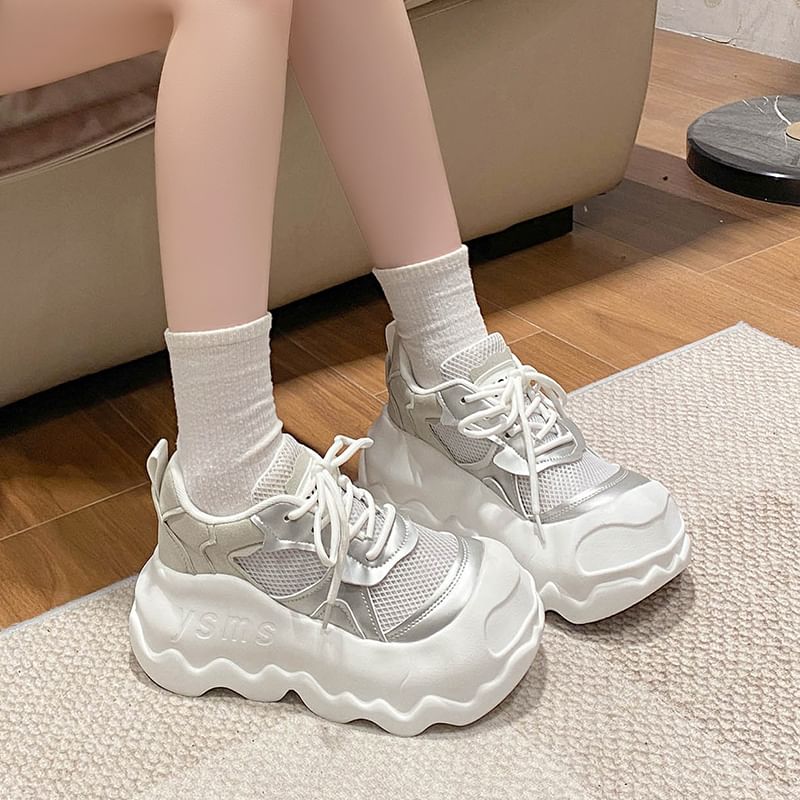 Lace-Up Platform Panel Sneakers Leather Faux Mesh