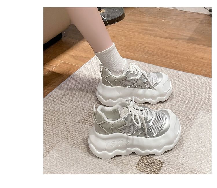 Lace-Up Platform Panel Sneakers Leather Faux Mesh