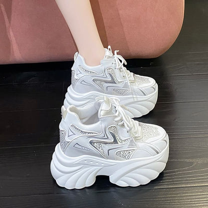 Sneakers Hidden Rhinestone Wedge Faux Leather Lace-Up