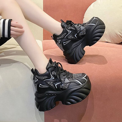 Sneakers Hidden Rhinestone Wedge Faux Leather Lace-Up
