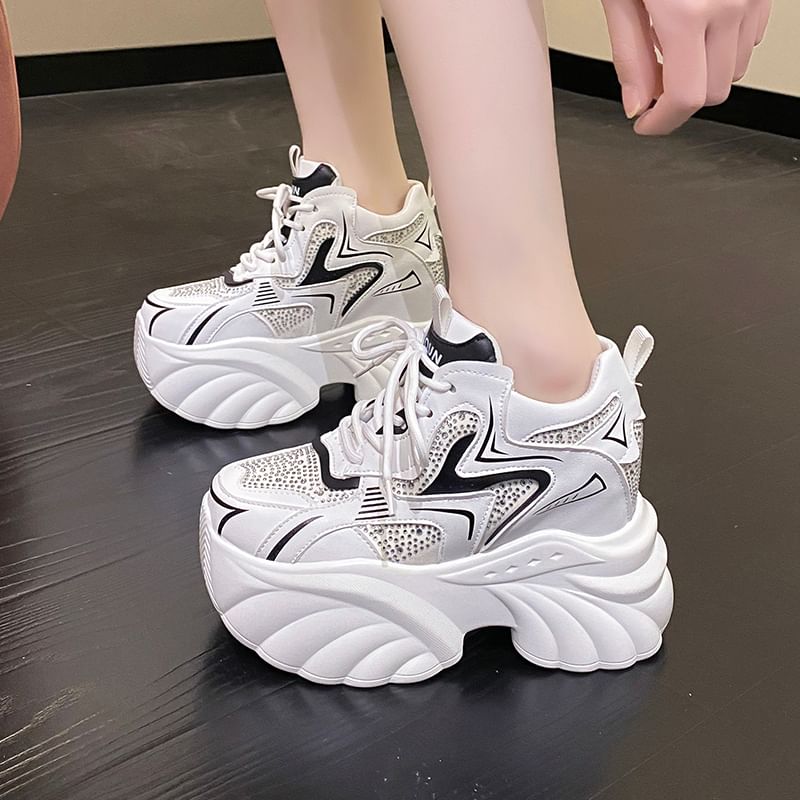 Sneakers Hidden Rhinestone Wedge Faux Leather Lace-Up