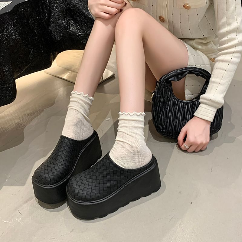 Faux Platform Leather Mules Plain