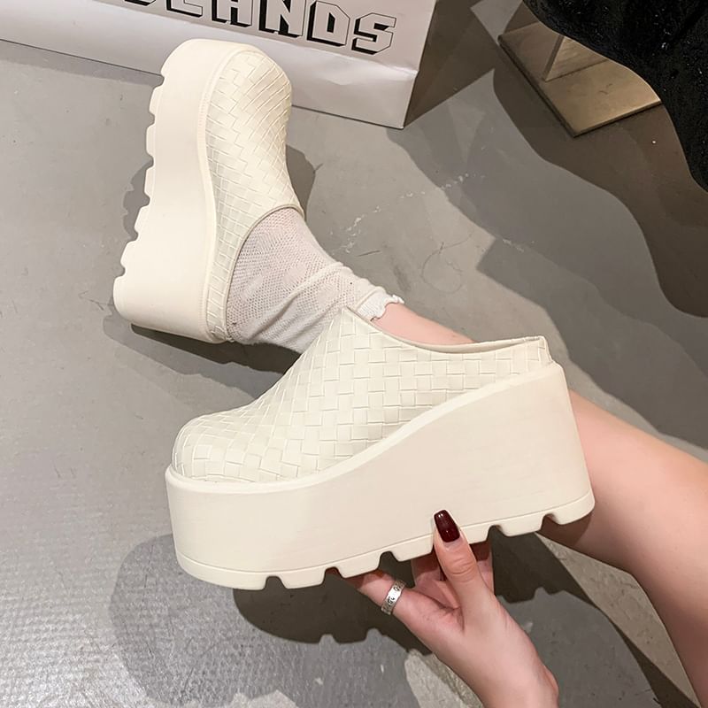 Faux Platform Leather Mules Plain