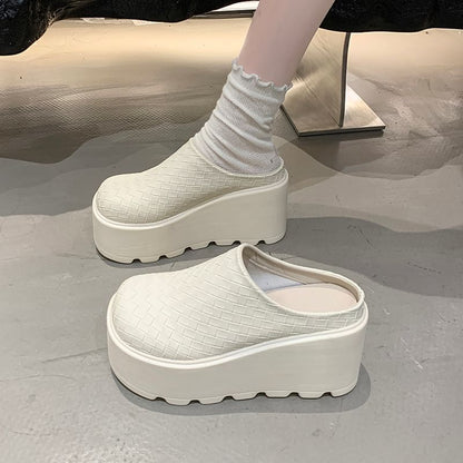 Faux Platform Leather Mules Plain