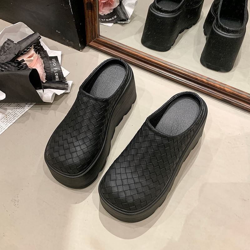 Faux Platform Leather Mules Plain