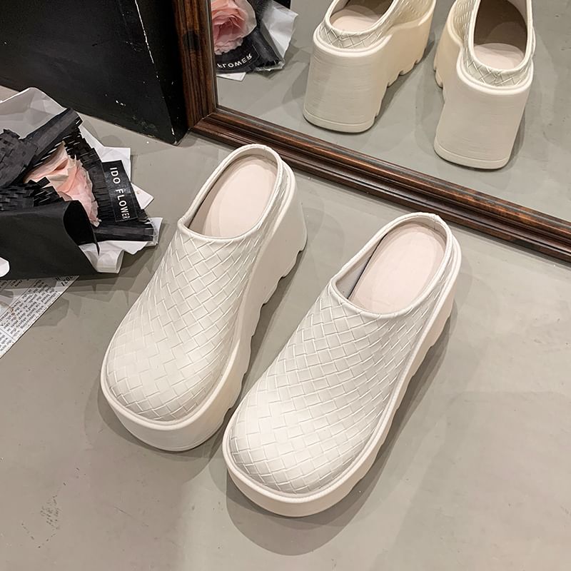 Faux Platform Leather Mules Plain