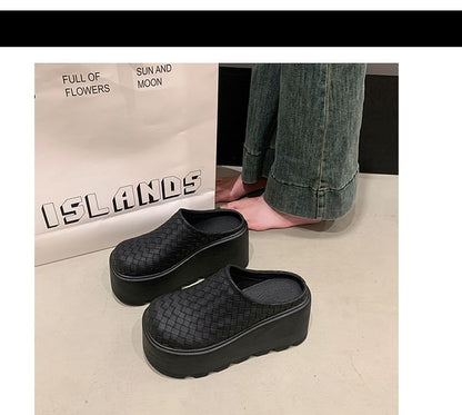 Faux Platform Leather Mules Plain