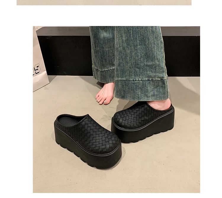 Faux Platform Leather Mules Plain