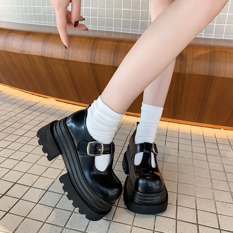 Platform Mary T-Strap Jane Shoes Plain Faux Leather