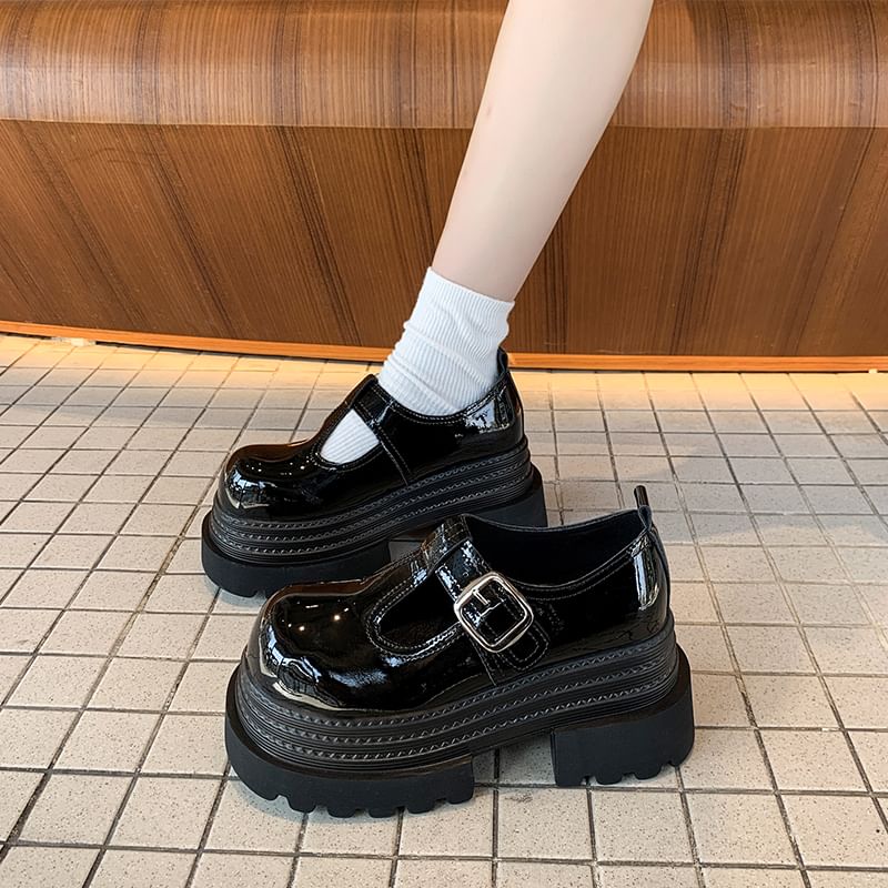Platform Mary T-Strap Jane Shoes Plain Faux Leather