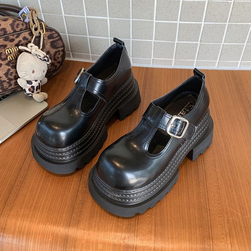 Platform Mary T-Strap Jane Shoes Plain Faux Leather