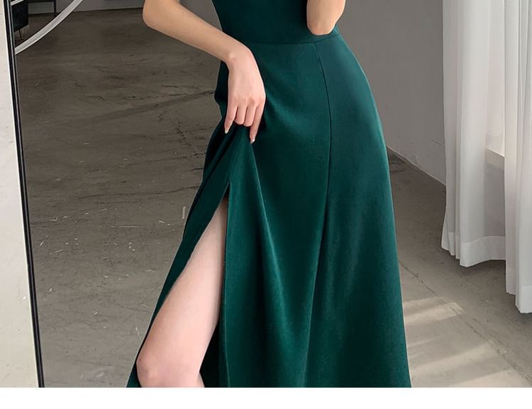 Midi Neck Puff Plain Sleeve Slit Sweetheart A-Line Dress