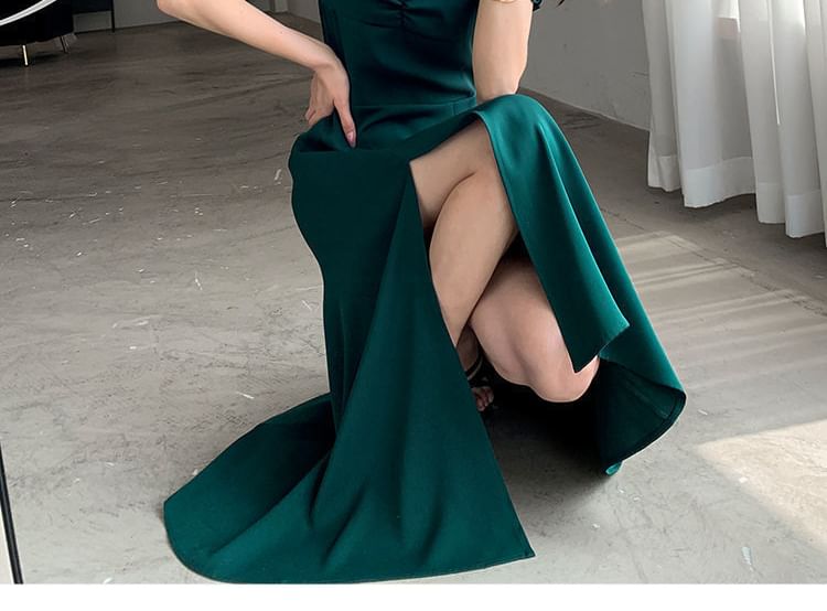 Midi Neck Puff Plain Sleeve Slit Sweetheart A-Line Dress