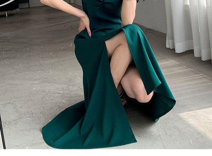 Midi Neck Puff Plain Sleeve Slit Sweetheart A-Line Dress
