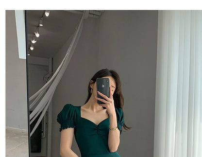Midi Neck Puff Plain Sleeve Slit Sweetheart A-Line Dress