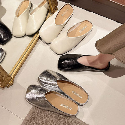 Metallic Mules Toe Square Faux Leather
