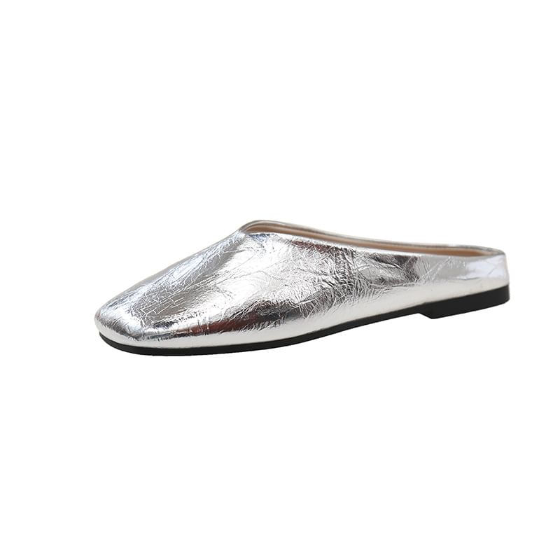 Metallic Mules Toe Square Faux Leather