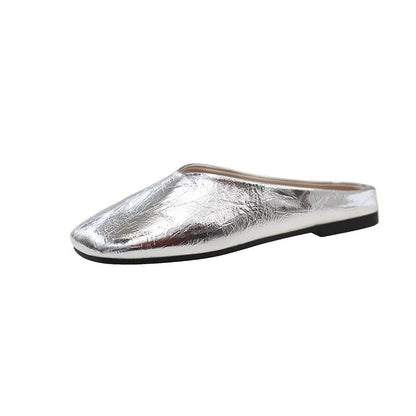 Metallic Mules Toe Square Faux Leather