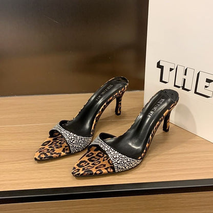 Slide Sandals Pointy Heel High Rhinestone