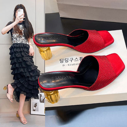Heel Block Sandals Plain Slide