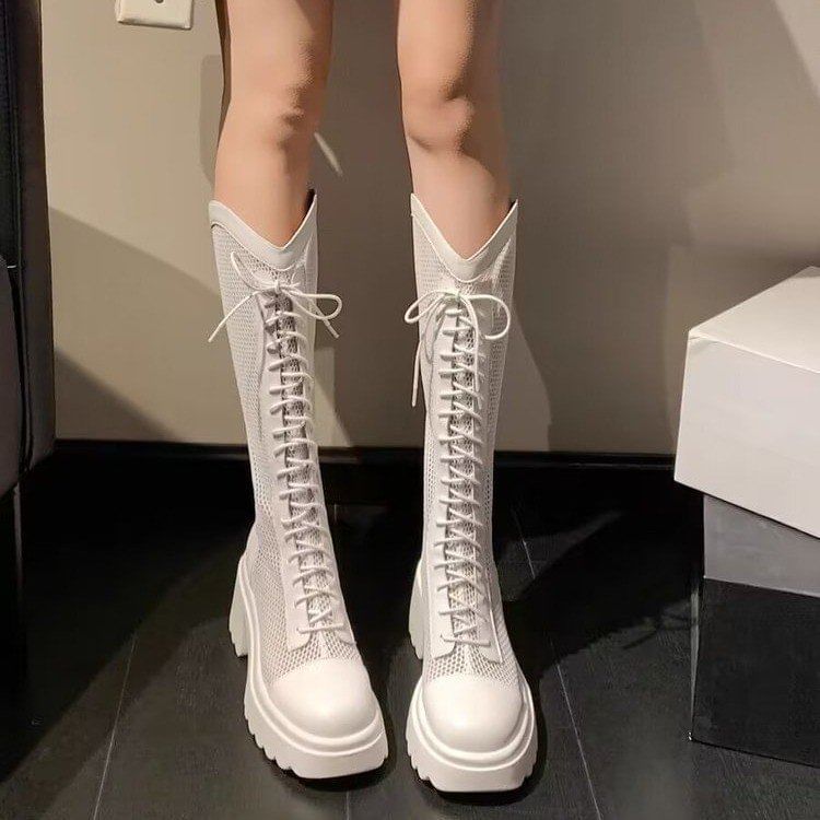 Heel Mesh Lace-Up Chunky Platform Panel Tall Boots