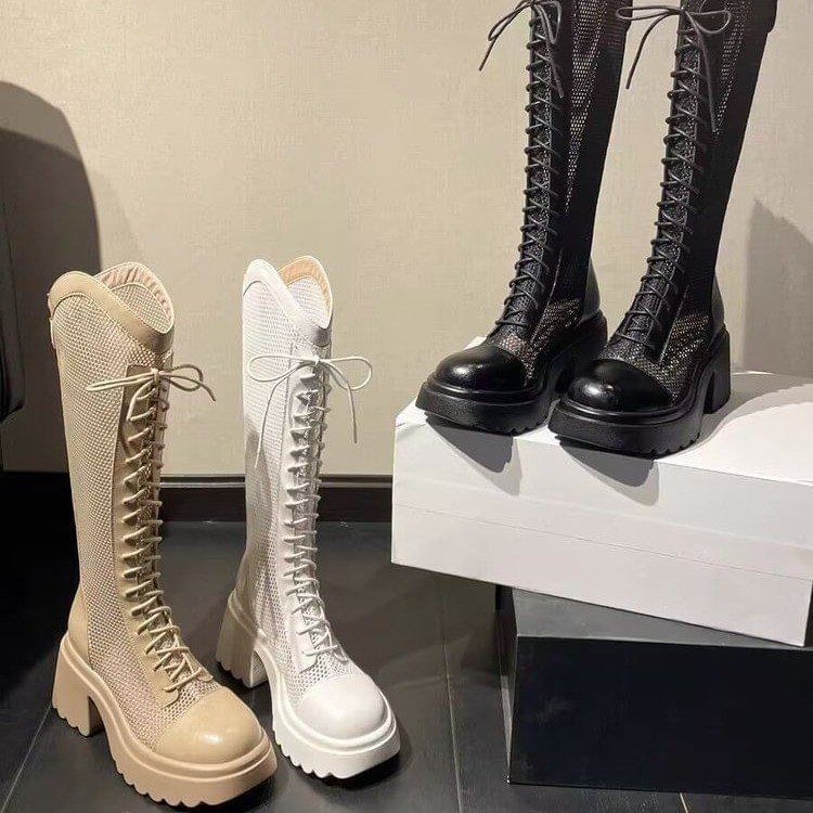 Heel Mesh Lace-Up Chunky Platform Panel Tall Boots