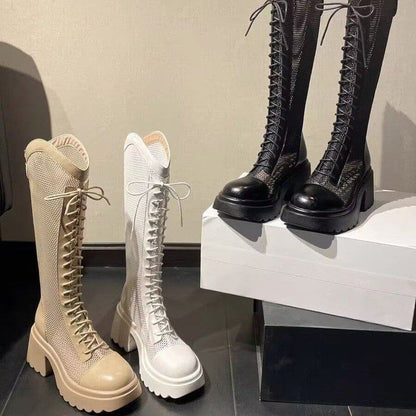 Heel Mesh Lace-Up Chunky Platform Panel Tall Boots