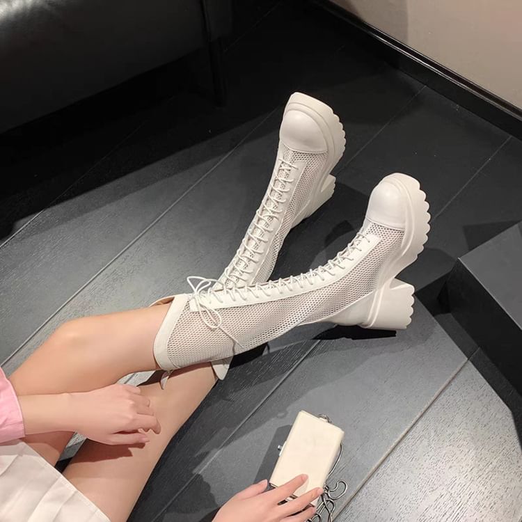 Heel Mesh Lace-Up Chunky Platform Panel Tall Boots
