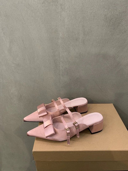 Bow Mary Heel Mules Pointed Toe Chunky Jane