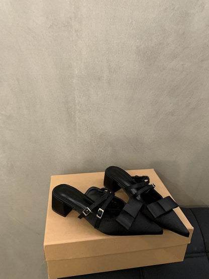 Bow Mary Heel Mules Pointed Toe Chunky Jane