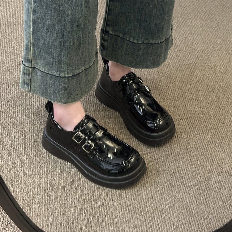 Leather Faux Loafers Platform Buckled