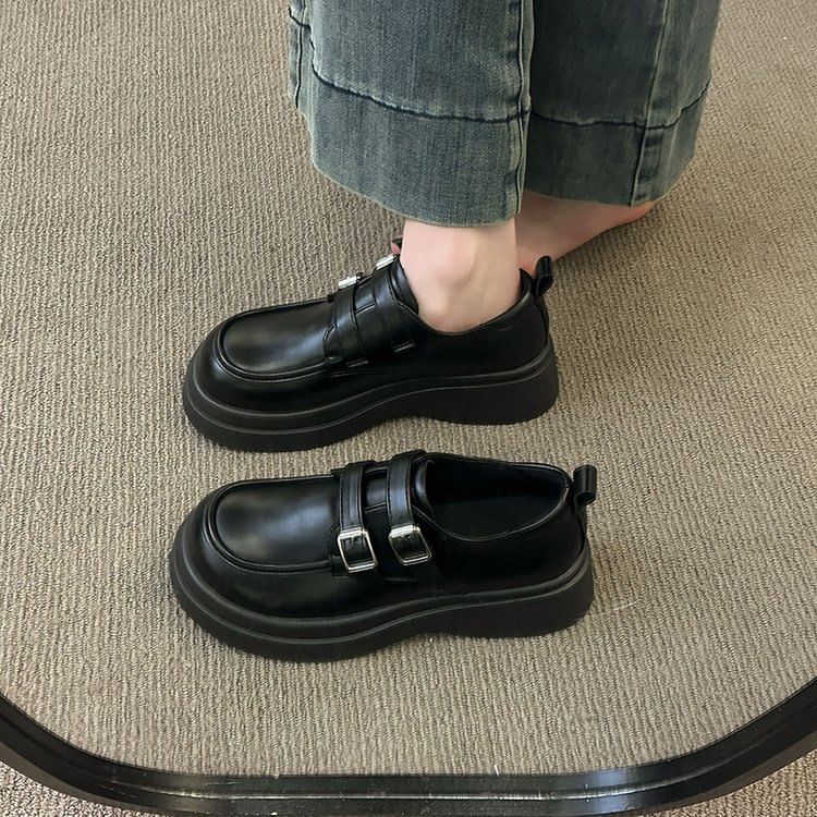 Leather Faux Loafers Platform Buckled