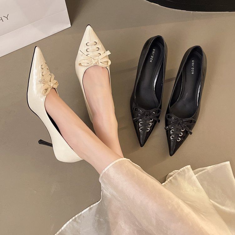 Lace-Up Heel Pumps Pointed High Toe