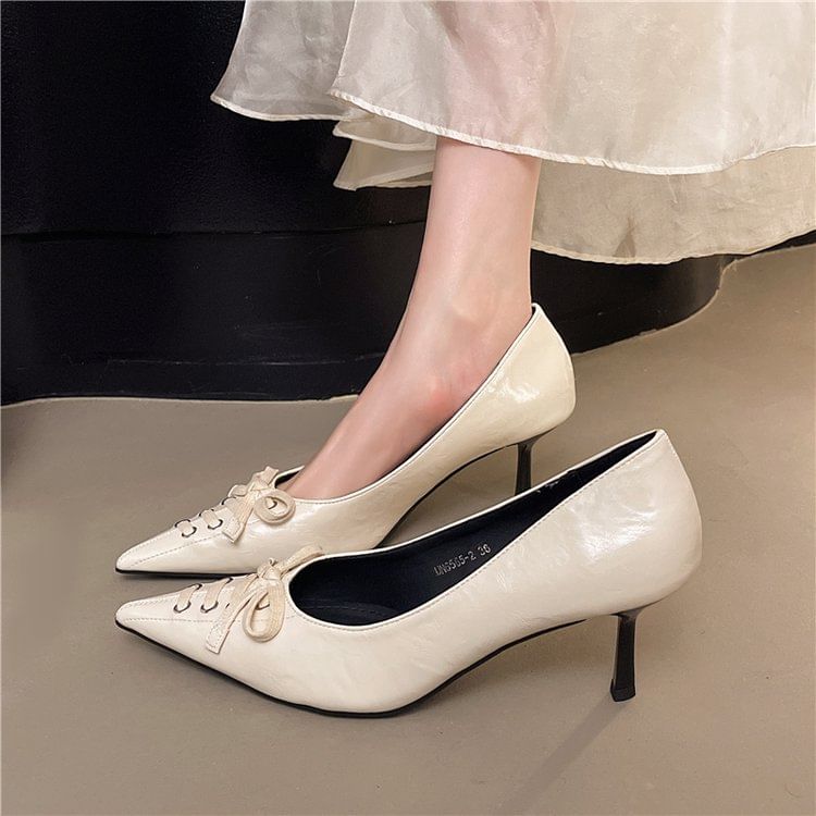 Lace-Up Heel Pumps Pointed High Toe