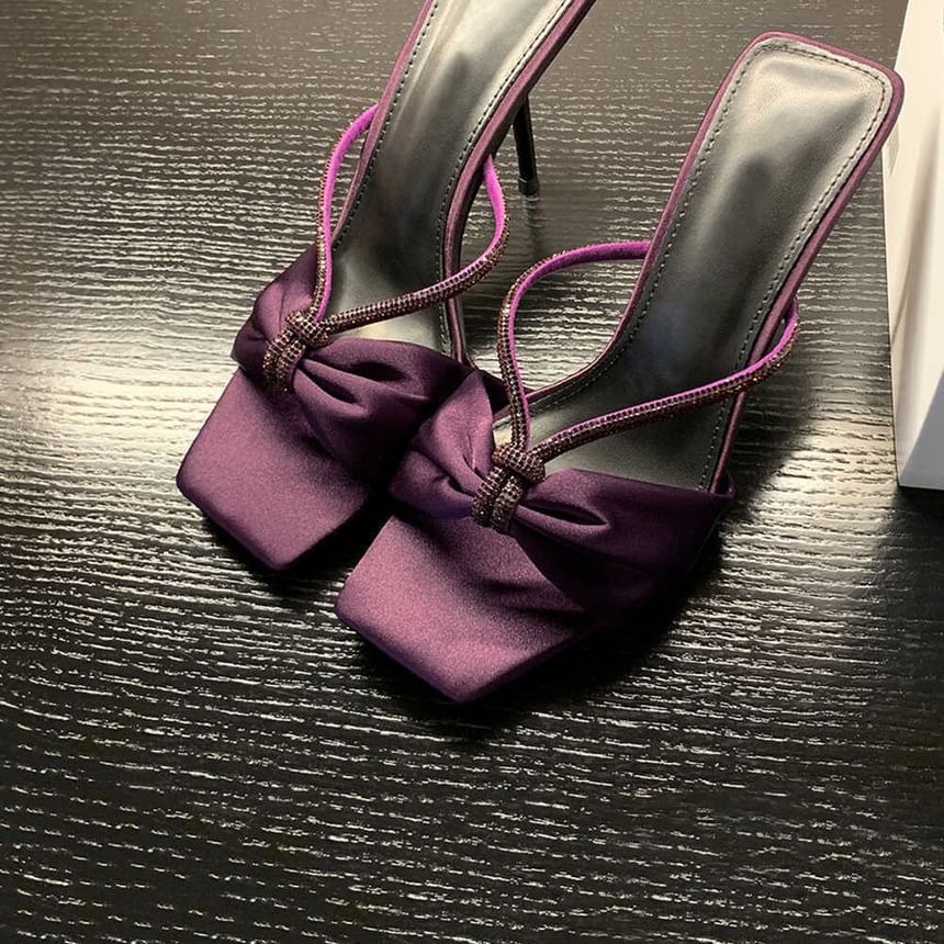 Bow Rhinestone Stiletto Heel Slide Sandals