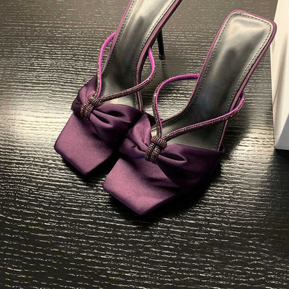 Bow Rhinestone Stiletto Heel Slide Sandals