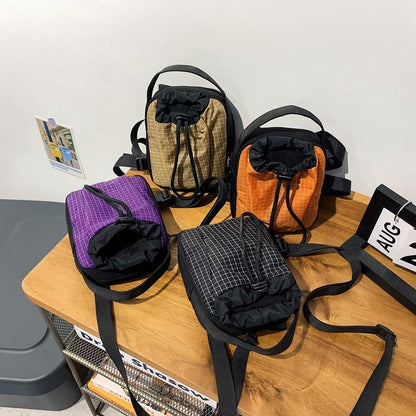 Mobile Phone Drawstring Crossbody Plaid Nylon Bag